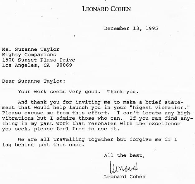 A letter from Leonard Cohen granting permission to use his song 'Suzanne' as the SUE Speaks Podcast theme.